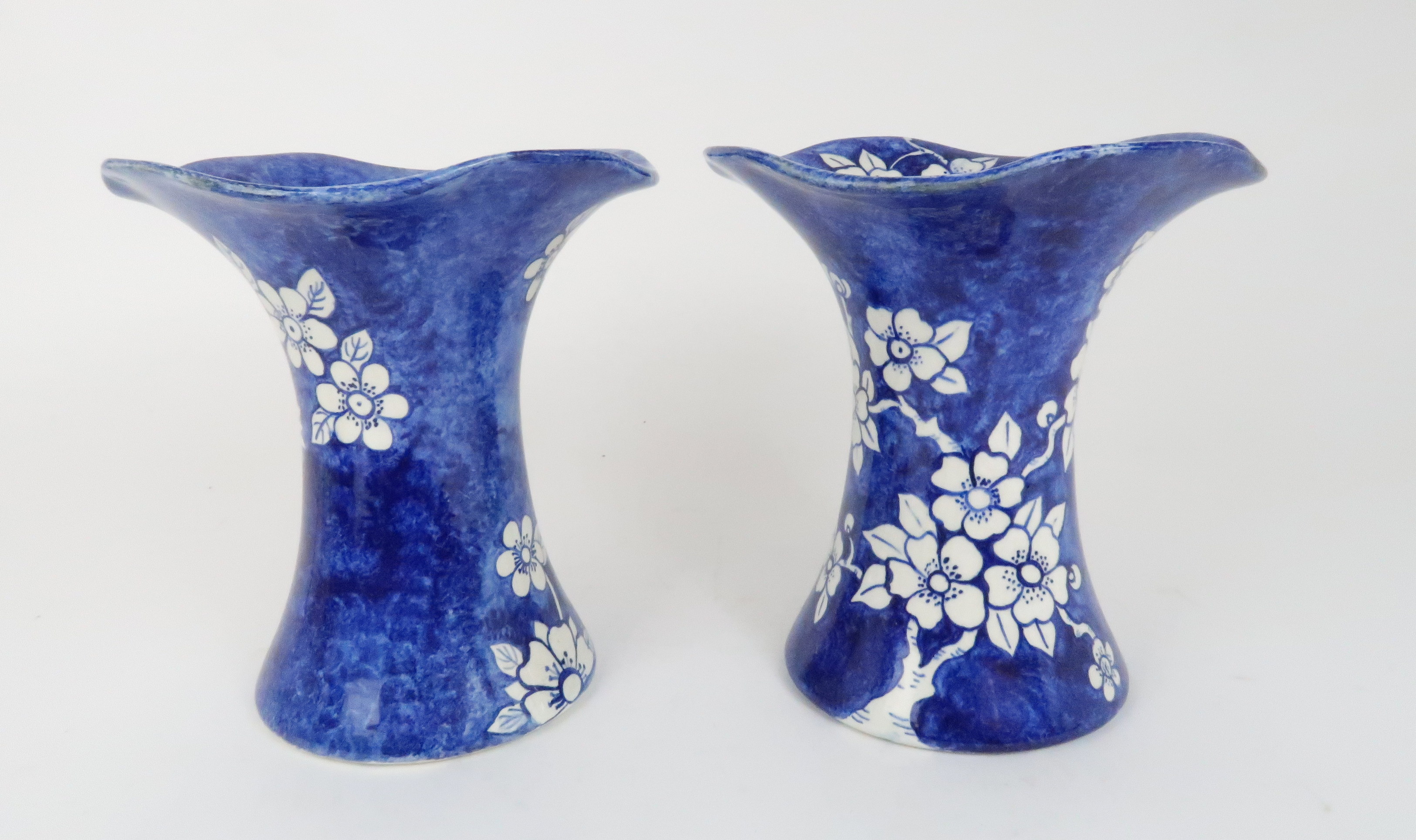A PAIR OF FIFE POTTERY VASES of Lady Eva shape painted in blue on white ground with prunus branches, - Image 4 of 7