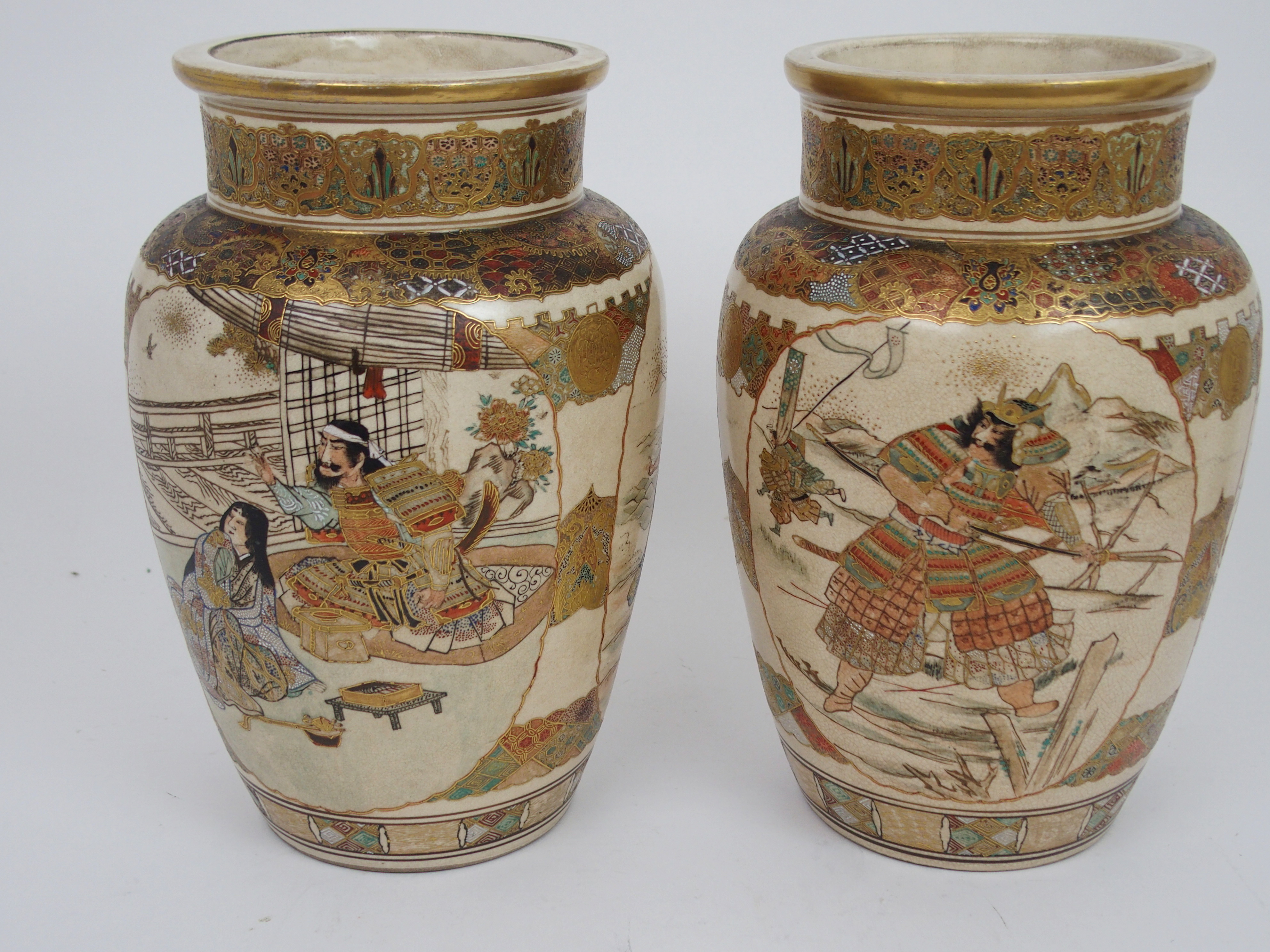 A PAIR OF SATSUMA BROAD BALUSTER VASES painted with panels of Samurai divided by foliate - Image 2 of 9