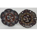 TWO CLOISONNE FOLIATE SHAPED PLAQUES one pierced and each with Ho-o bird medallions, 31cm diameter