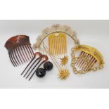 A COLLECTION OF VICTORIAN AND LATER HAIR ORNAMENTS a hinged light coloured tortoise shell comb, with