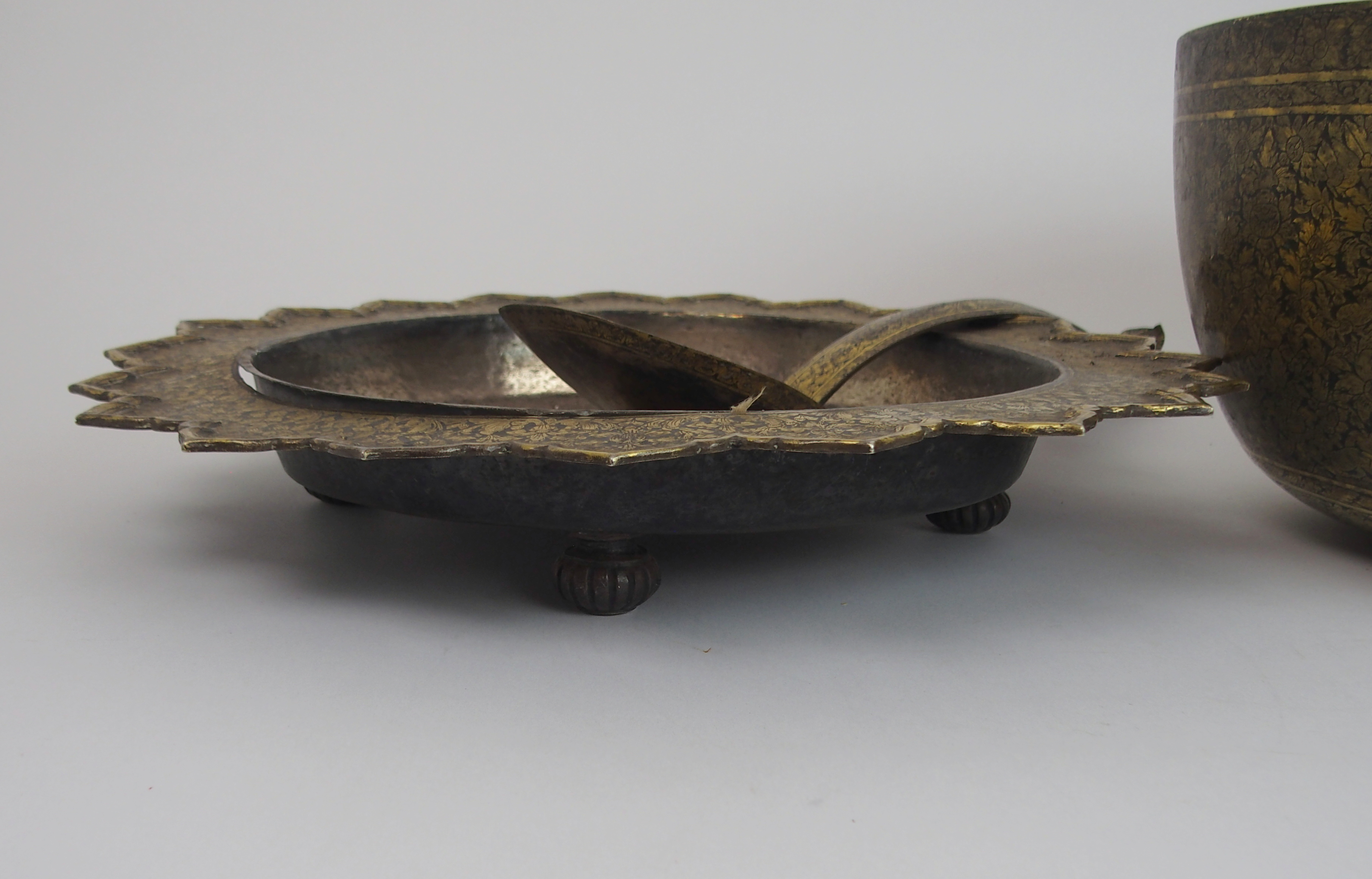 A SIAMESE/THAI GILT NIELLO BOWL, STAND AND LADLE profusely decorated with animals and foliage, the - Image 3 of 9