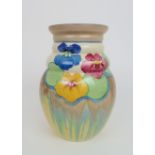 CLARICE CLIFF BIZARRE DELECIA PANSIES VASE shape number 358, with ribbed neck, hand painted with a