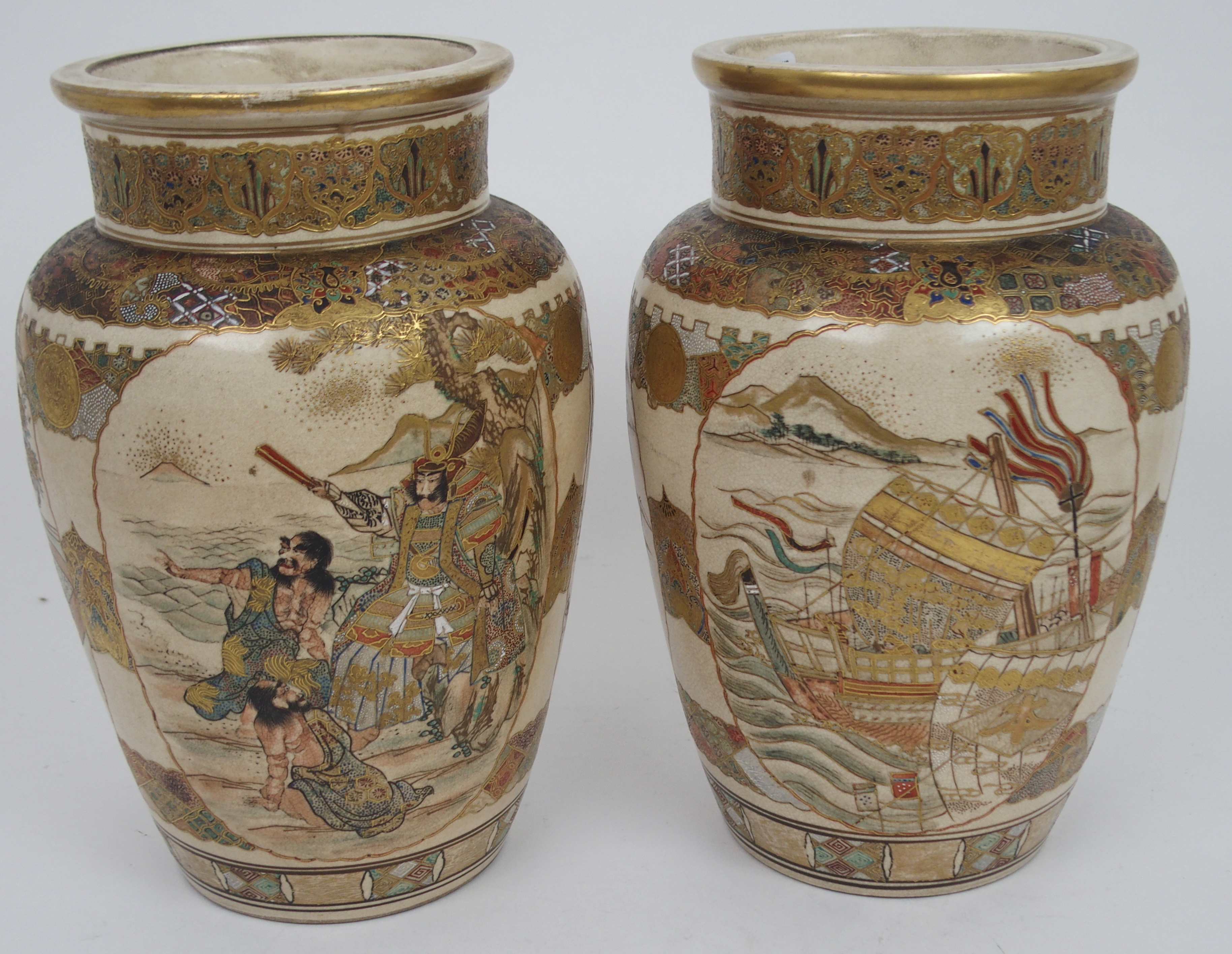 A PAIR OF SATSUMA BROAD BALUSTER VASES painted with panels of Samurai divided by foliate - Image 3 of 9