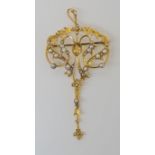 A LARGE EDWARDIAN CITRINE AND PEARL PENDANT BROOCH made in yellow metal, no hallmark, length with