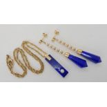 A PAIR OF LAPIS LAZULI, DIAMOND AND PEARL STATEMENT EARRINGS mounted in bright yellow metal,