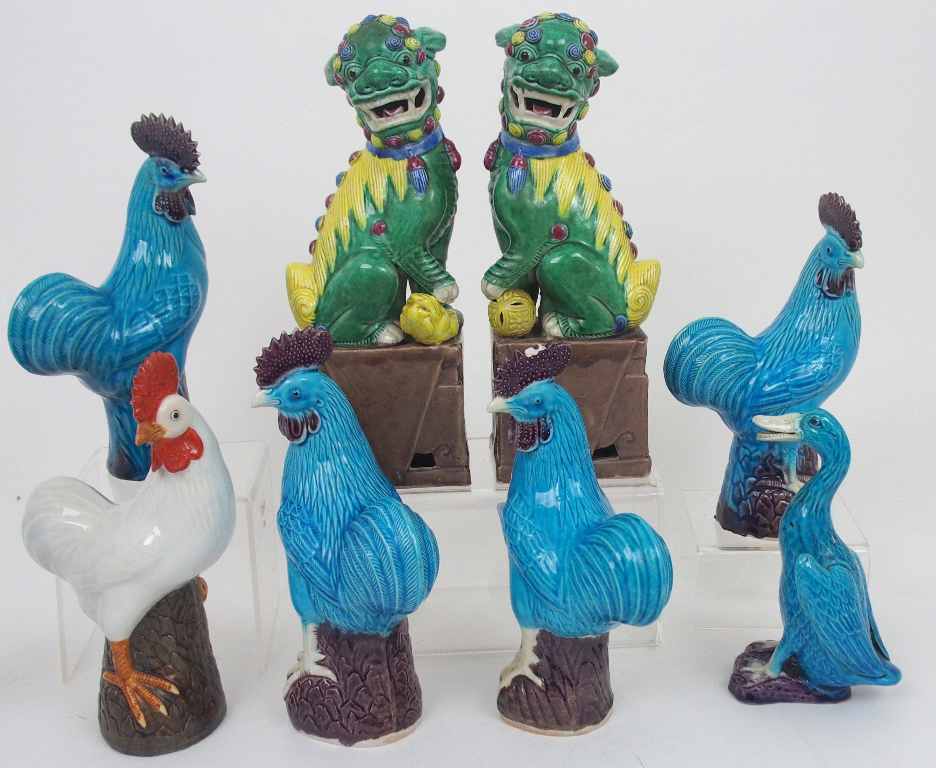 NINE VARIOUS CHINESE ANIMALS comprising; two pairsof cockerels, 20cm high, white cockerel, 20cm - Image 2 of 9