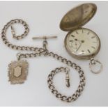A SILVER CASED FULL HUNTER POCKET WATCH AND CHAIN both the dial and the mechanism signed John Wood