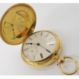 AN 18CT GOLD FULL HUNTER POCKET WATCH with white enamel dial, subsidiary seconds dial, black Roman