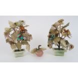 TWO CHINESE HARDSTONE FLOWERING TREES each with coloured and polished flowers and set in rectangular