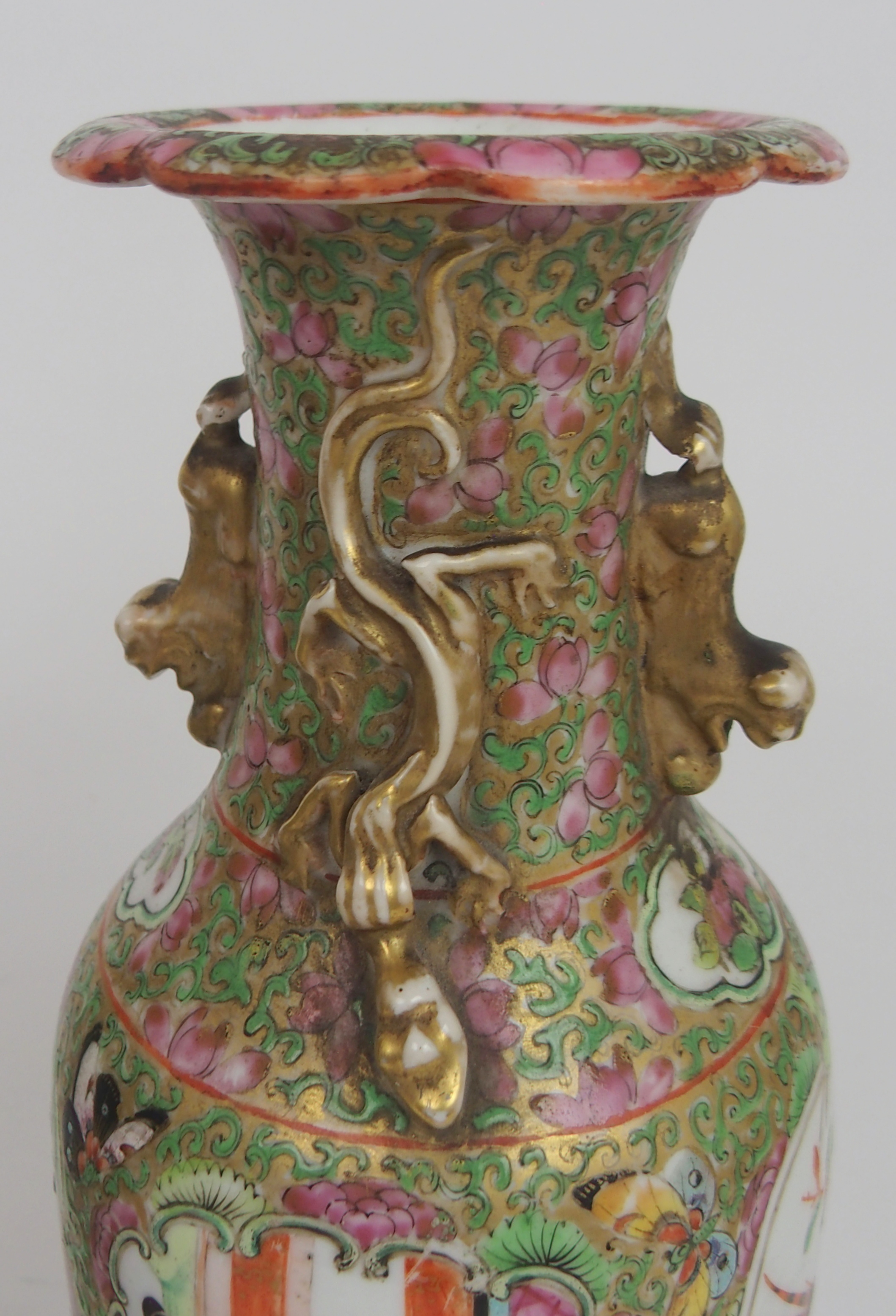 FOUR CANTONESE VASES two baluster examples with applied animals, 25 and 31cm high, another, 21.5cm - Image 10 of 11