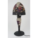 A MULLER FRERES CAMEO GLASS TABLE LAMP AND SHADE with etched decoration of anemones on a mottled
