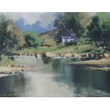 •GEORGE K GILLESPIE (BRITISH 1924-1995) COTTAGE BY A RIVER Oil on canvas, signed, 20 x 25.5cm (8 x