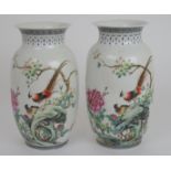 A PAIR OF CHINESE PORCELAIN VASES each painted with exotic birds amongst foliage, rockwork and
