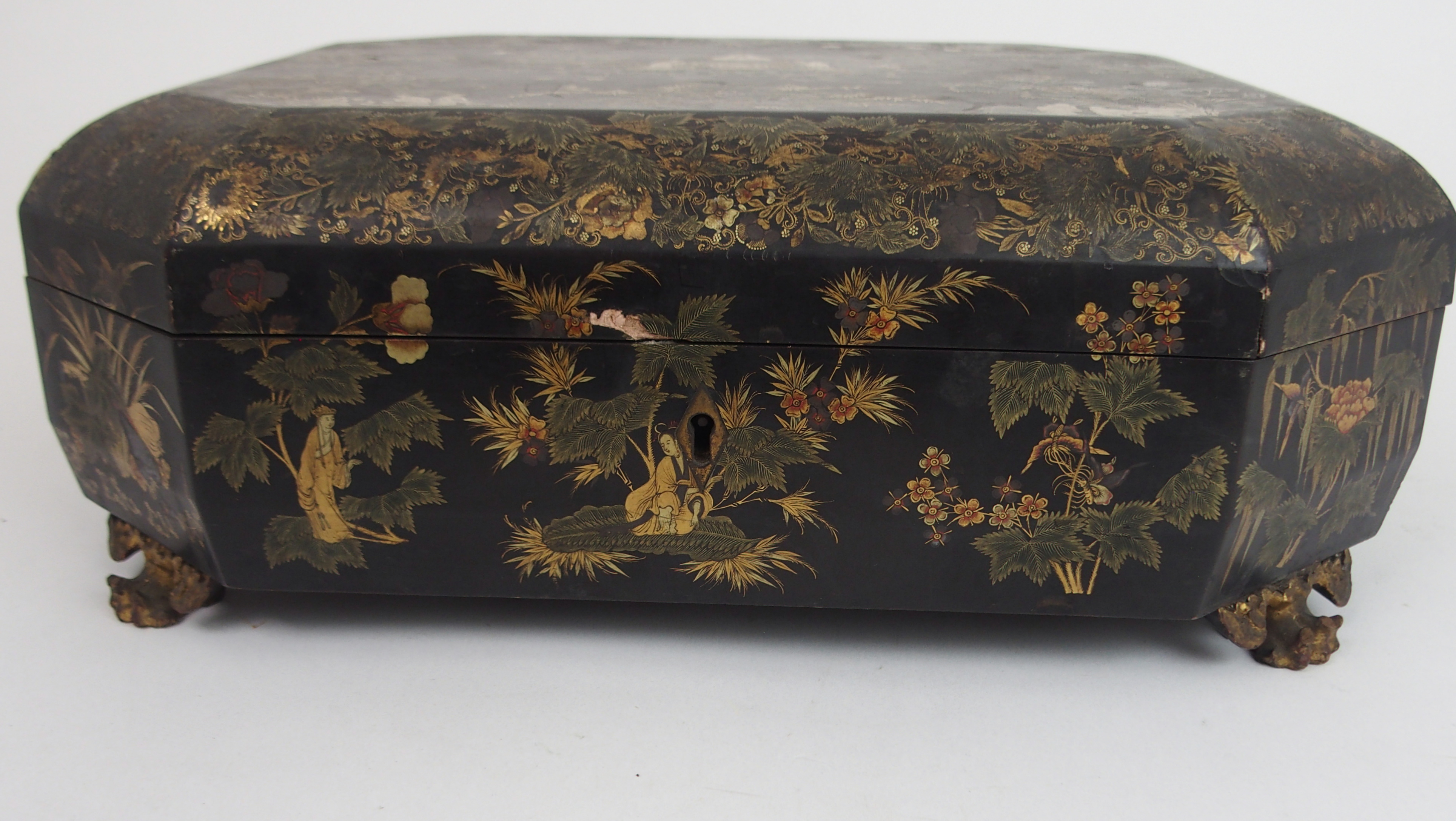 A CANTONESE BLACK AND GOLD LAQUERED SEWING BOX painted in gilts with immortals and figures beneath - Image 2 of 10