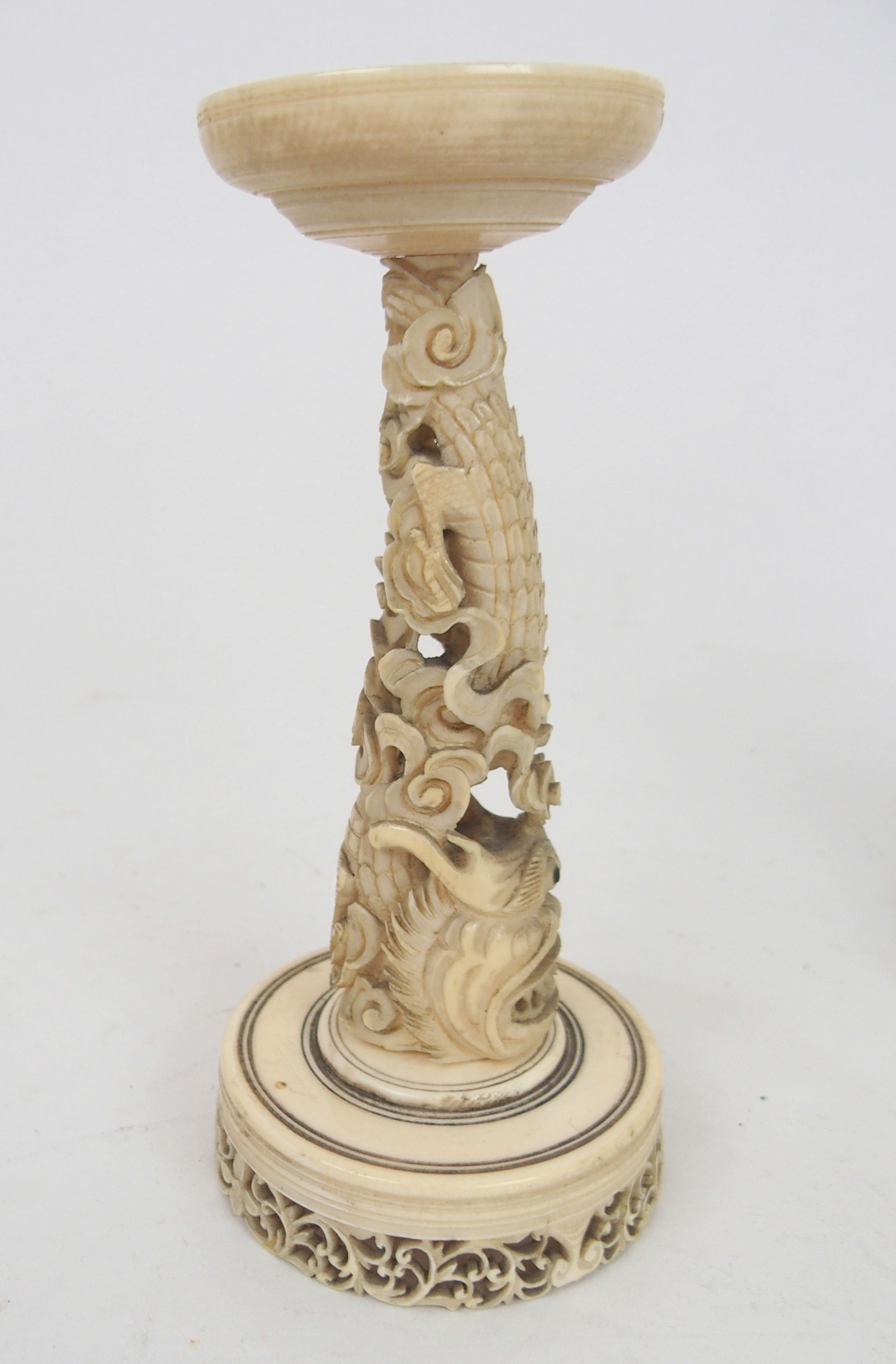 A CHINESE IVORY CONCENTRIC BALL AND A STAND 21.5cm high, a ball carved with foliage, 12cm - Image 7 of 10