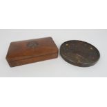 A LOT COMPRISING AN RASC MESS CIGAR BOX a trench art Solitaire? games board (2) Condition Report: