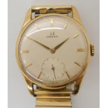 A GENTS 9CT OMEGA WRISTWATCH with cream dial, gold baton numerals and hands, with a subsidiary