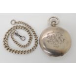 A SILVER CASED POCKET WATCH AND CHAIN with white dial, subsidiary seconds dial, black Roman numerals