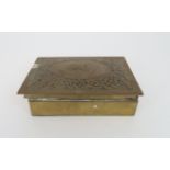 AN ALEXANDER RITCHIE STYLE BRASS BOX the lid decorated in relief with a sailing ship and celtic