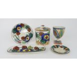 A COLLECTION OF ROBERT HERON AND SON LANGTOUN WARE POTTERY including a biscuit jar and cover, a