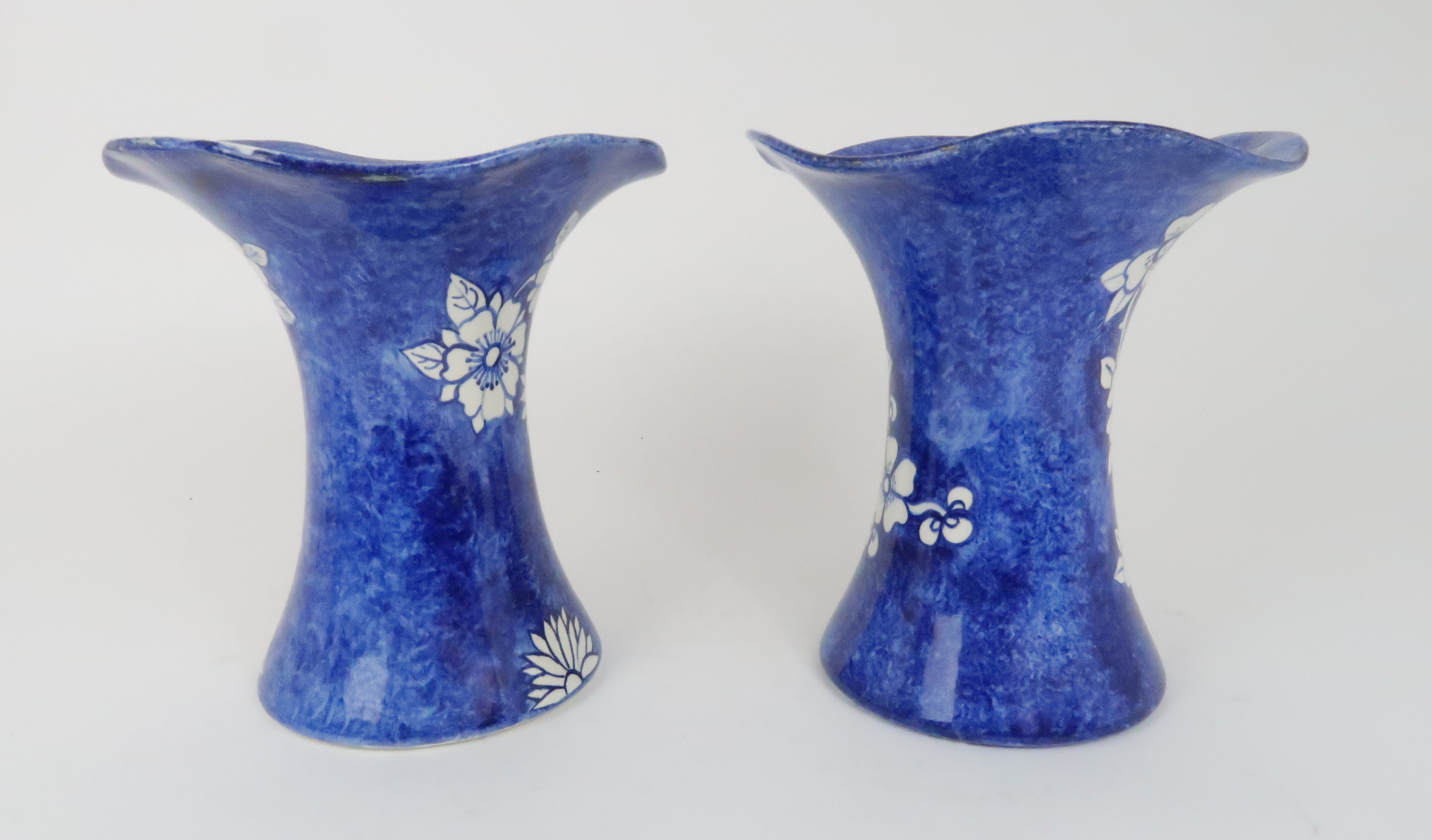 A PAIR OF FIFE POTTERY VASES of Lady Eva shape painted in blue on white ground with prunus branches, - Image 2 of 7