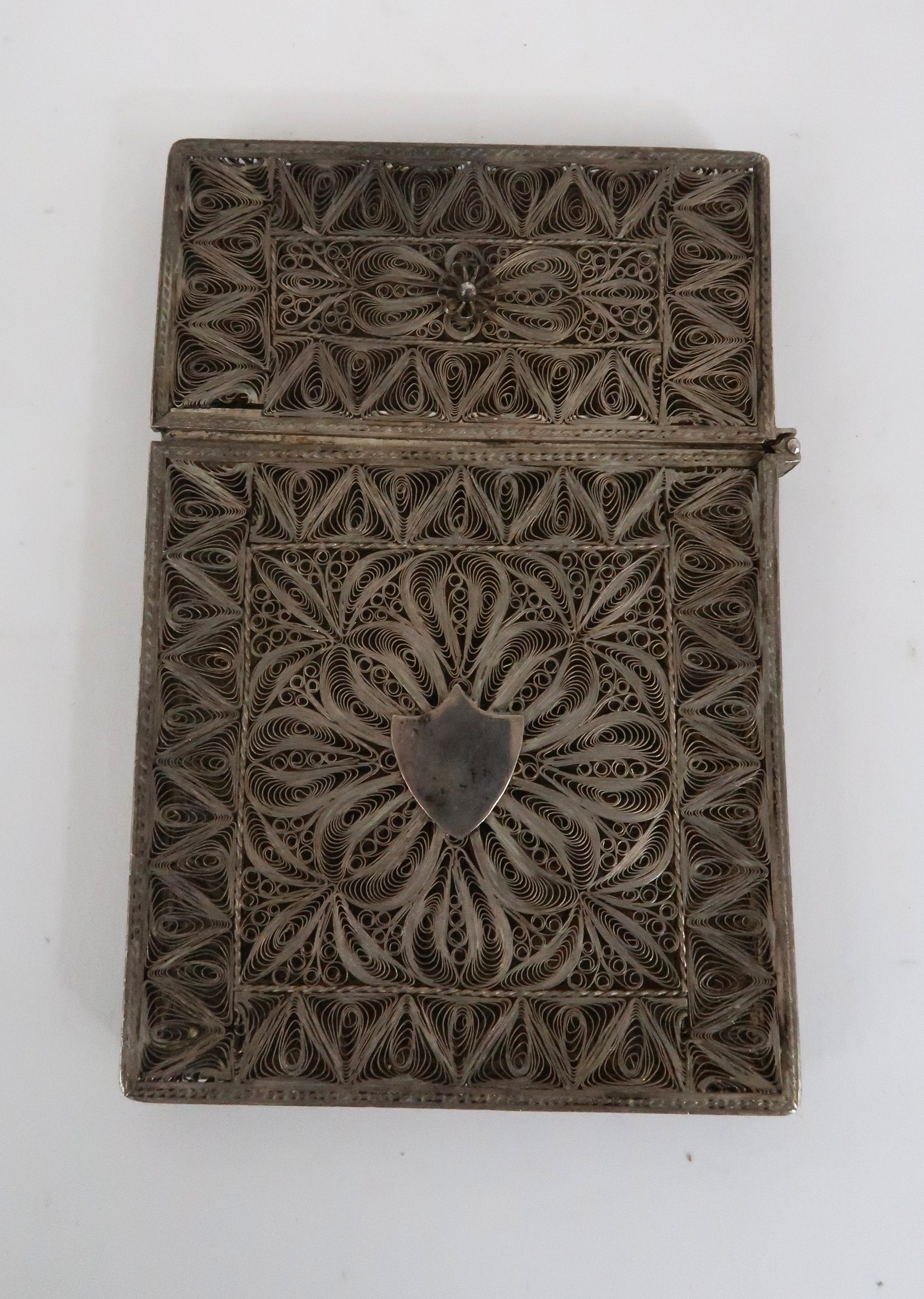 A CHINESE SILVER FILIGREE CARD CASE decorated with scrolling bands set with a shield cartouche, 9. - Image 2 of 5