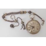 A SILVER OPEN FACE POCKET WATCH the dial with engraved and yellow metal applied decoration, Roman