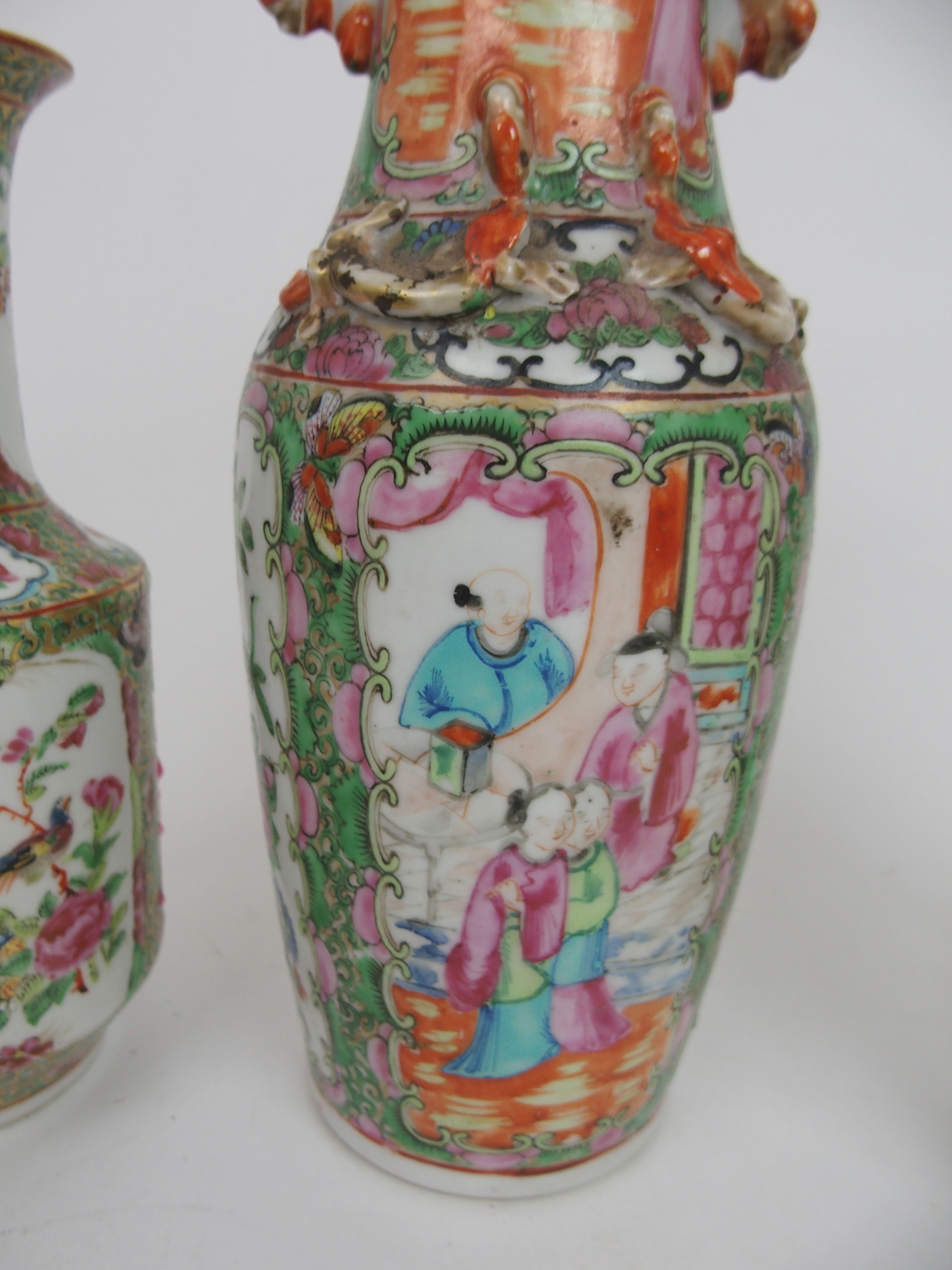 FOUR CANTONESE VASES two baluster examples with applied animals, 25 and 31cm high, another, 21.5cm - Image 9 of 11