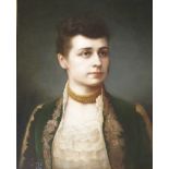 CONTINENTAL SCHOOL (19TH CENTURY) PORTRAIT OF A LADY WEARING PEARL BEADS AND GREEN JACKET Oil on