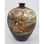 A SATSUMA BROAD OVIFORM VASE painted with two heart shaped panels of an archer and oarsman sailing