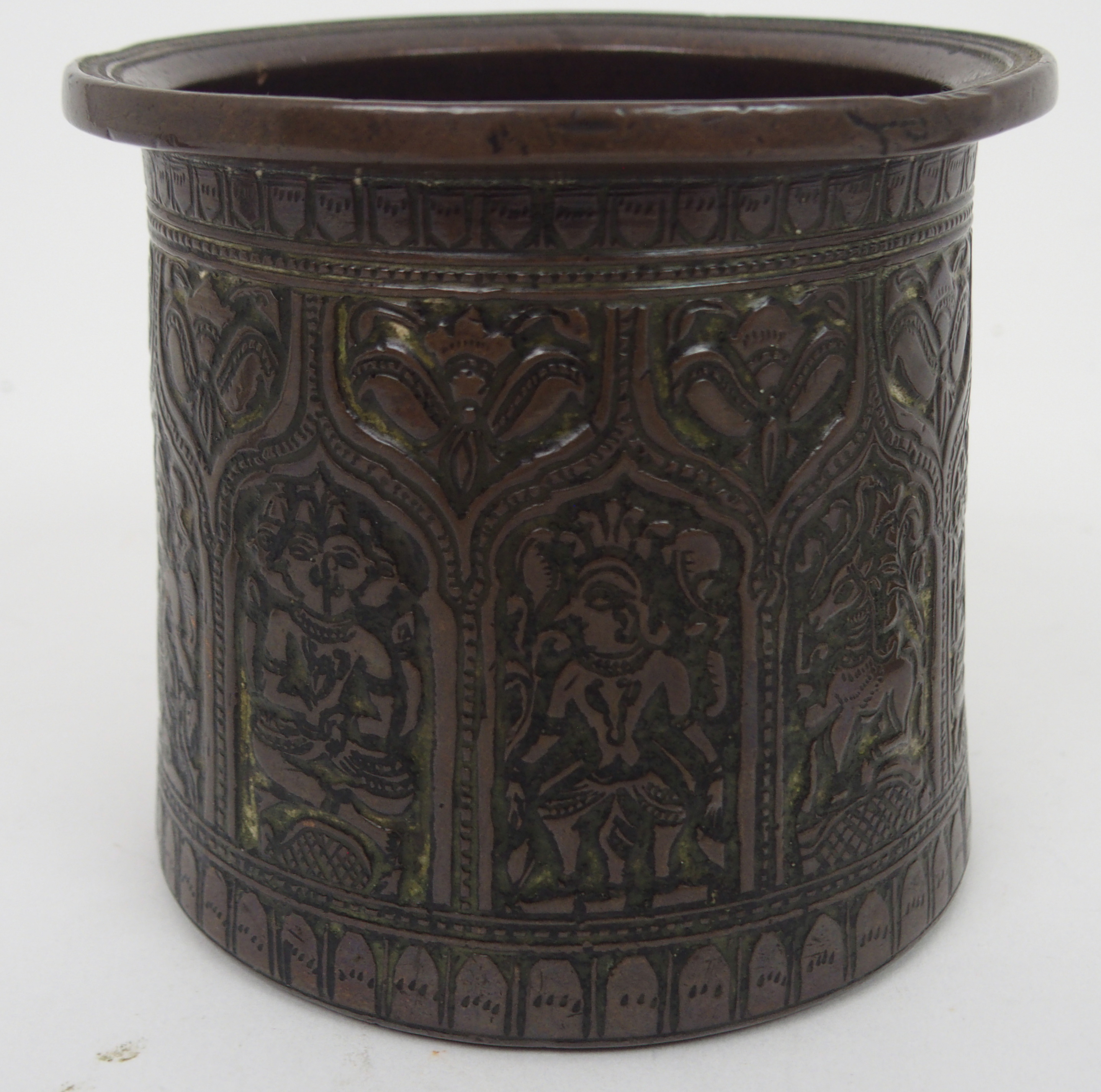 AN INDIAN BRONZE VASE cast with panels of deities within arched niches and within stiff leaf - Image 2 of 7