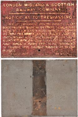 LMS Railways cast iron notice. NOTICE AS TO TRESPASSING. Front original condition measuring 26in x