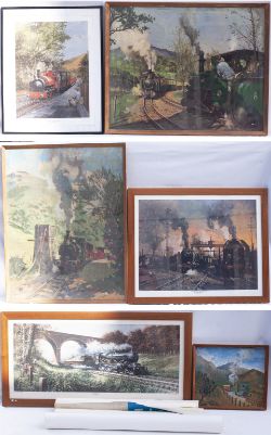 A lot containing a selection of framed prints to include SUNSET OF AN ERA by T Cuneo. TALLYN RAILWAY