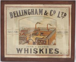 Framed and glazed advertising show card. BELLINGHAM & CO LTD IRISH & SCOTCH WHISKIES DALSTON