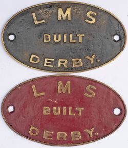 A pair of LMS BUILT DERBY brass worksplates, both face restored, one with a repair to the right hand