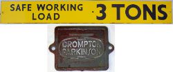 Enamel Crane Plate SAFE WORKING LOAD 3 TONS. Measures 38in x 5in together with a CROMPTON