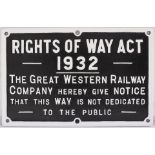GWR Cast Iron Sign RIGHTS of WAY ACT 1932. Measures 25in x 15.25 in. Nicely restored.