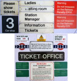 A collection of railway related signs. Some reproduction including TICKETS with other signs