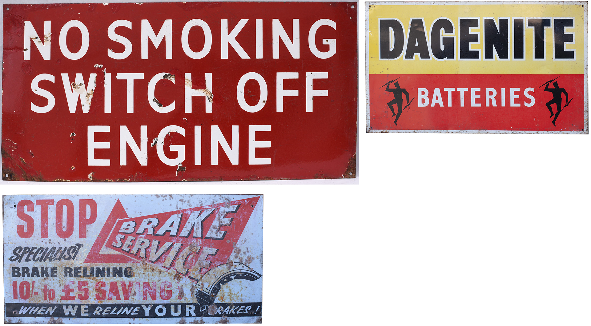 3 motoring signs; enamel NO SMOKING SWITCH OFF ENGINE 36in x 18in, DAGENITE BATTERIES screen printed