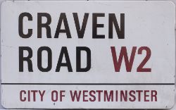 Enamel Road Sign. CRAVEN ROAD W2 City of Westminster. Measures 28in x 17.5 in.