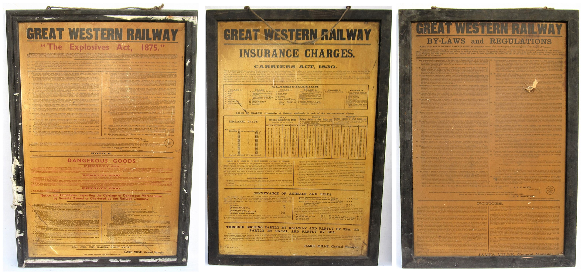 A group of 3 x GWR station notices mounted within original frames. One frame marked GWR. Believed to