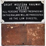 GWR cast iron notice. ALL PERSONS FOUND TRESPASSING. Front repainted measuring 23.5in x 12 in.