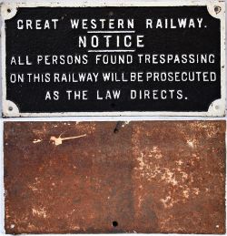 GWR cast iron notice. ALL PERSONS FOUND TRESPASSING. Front repainted measuring 23.5in x 12 in.
