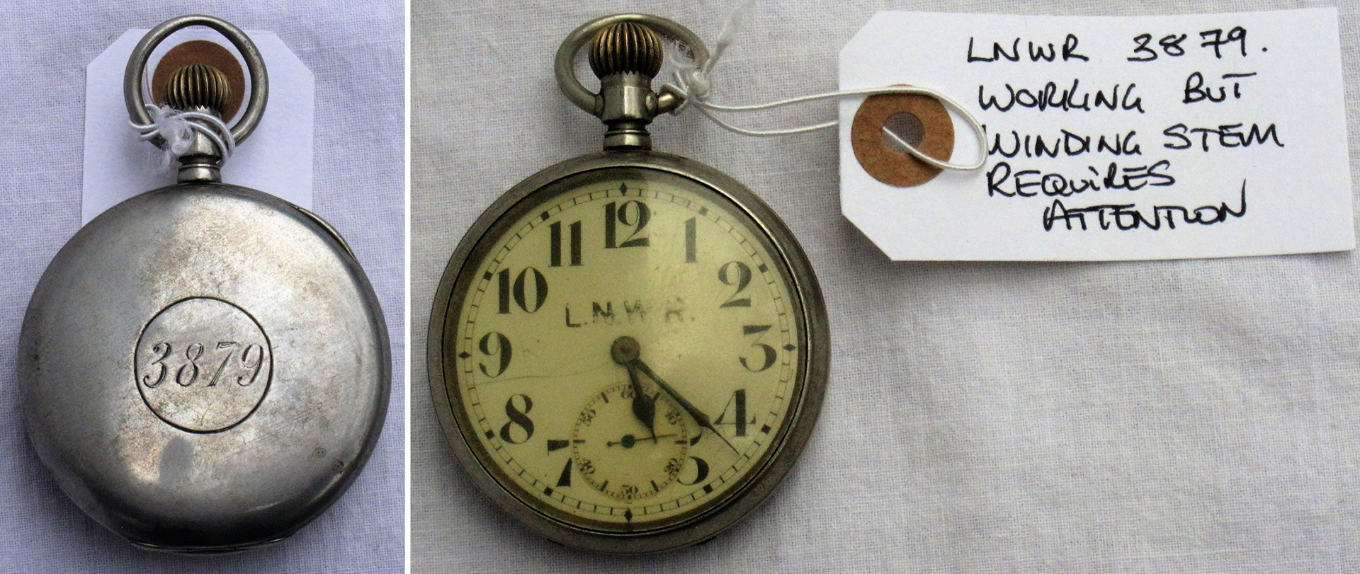 LNWR Guards Watch. Engraved on rear No 3879 in circle. Working but top winder needs attention.