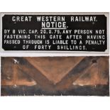 GWR Cast iron gate notice. ANY PERSON NOT FASTENING THIS GATE etc. Front repainted. Measures 29.