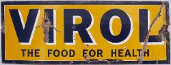 Enamel Advertising Sign. VIROL THE FOOD FOR HEALTH. Measures 48in x 18in.