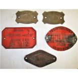 A collection of 5 x Wagon Plates. OWNERS SHELL-MEX No 1812. RV PICKERING CO LTD WISHAW & GLASCOW.