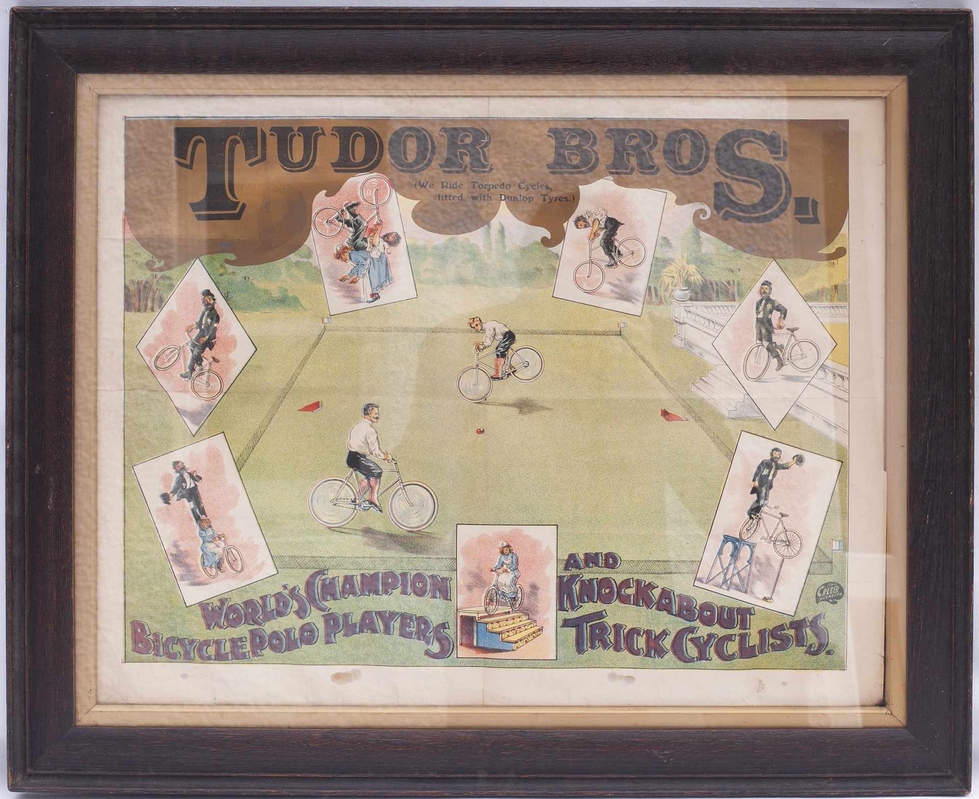 Framed & glazed advertising poster. TUDER BROS WE RIDE TORPEDO CYCLES FITTED WITH DUNLOP TYRES.