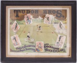 Framed & glazed advertising poster. TUDER BROS WE RIDE TORPEDO CYCLES FITTED WITH DUNLOP TYRES.