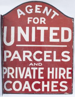 Enamel Bus Sign. AGENT FOR UNITED PARCELS AND PRIVATE HIRE COACHES. Double sided with repair to wall